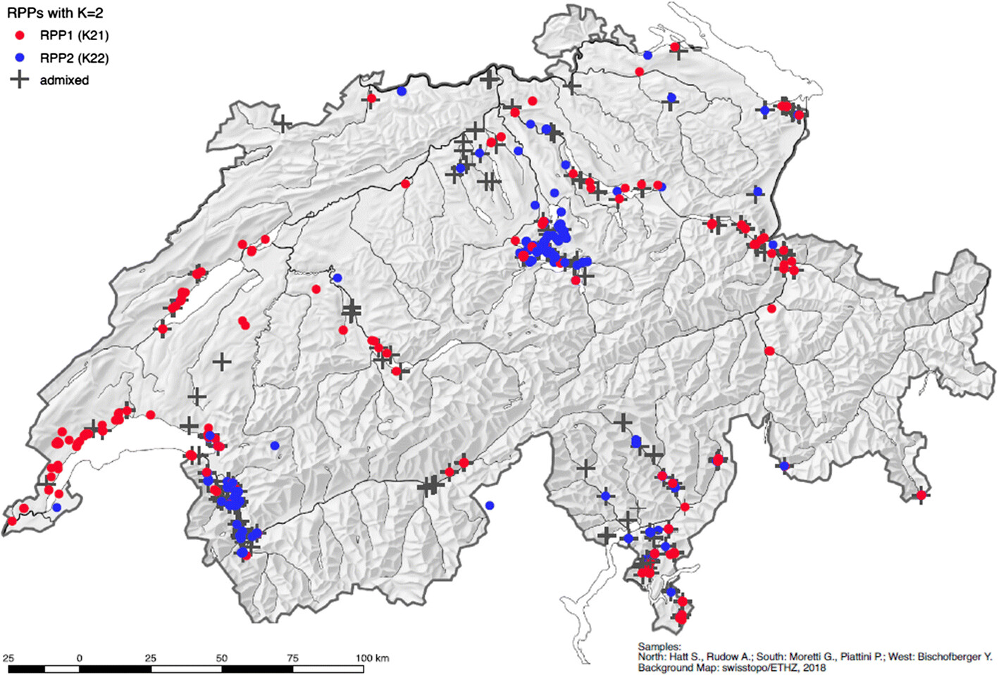 Enlarged view: Distribution of genetic analyses throughout Switzerland. Graphic: Biodiversity and Conservation (2020) 29:221