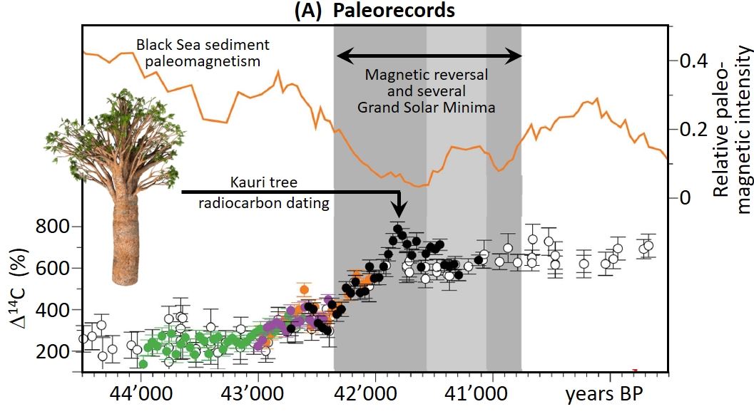 Enlarged view: Atmospheric radiocarbon changes across the Laschamps geomagnetic excursion and related atmospheric changes. Figure: www.nature.com