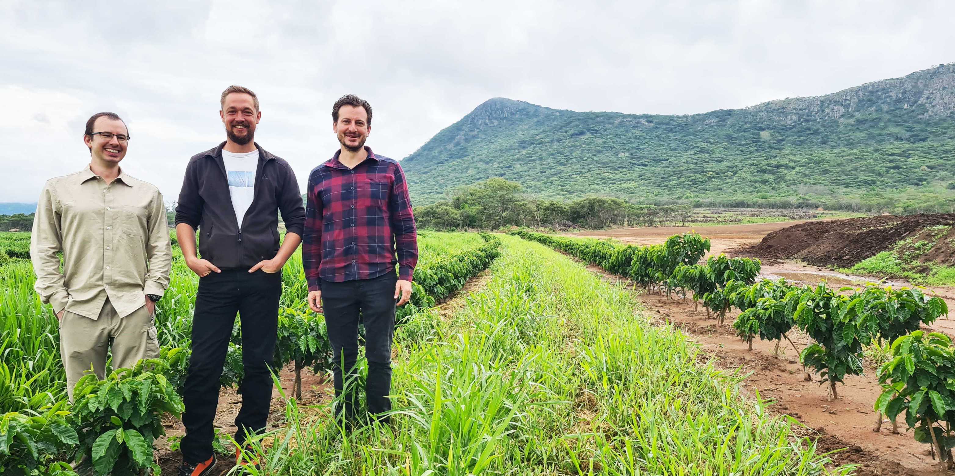 From left to right: Yanik Costa, Fridolin Stocker and Luca Costa on their coffee farm beneath Mount Sunzu in Northern Sambia. Photo: Fridolin Stocker / Mount Sunzu Coffee