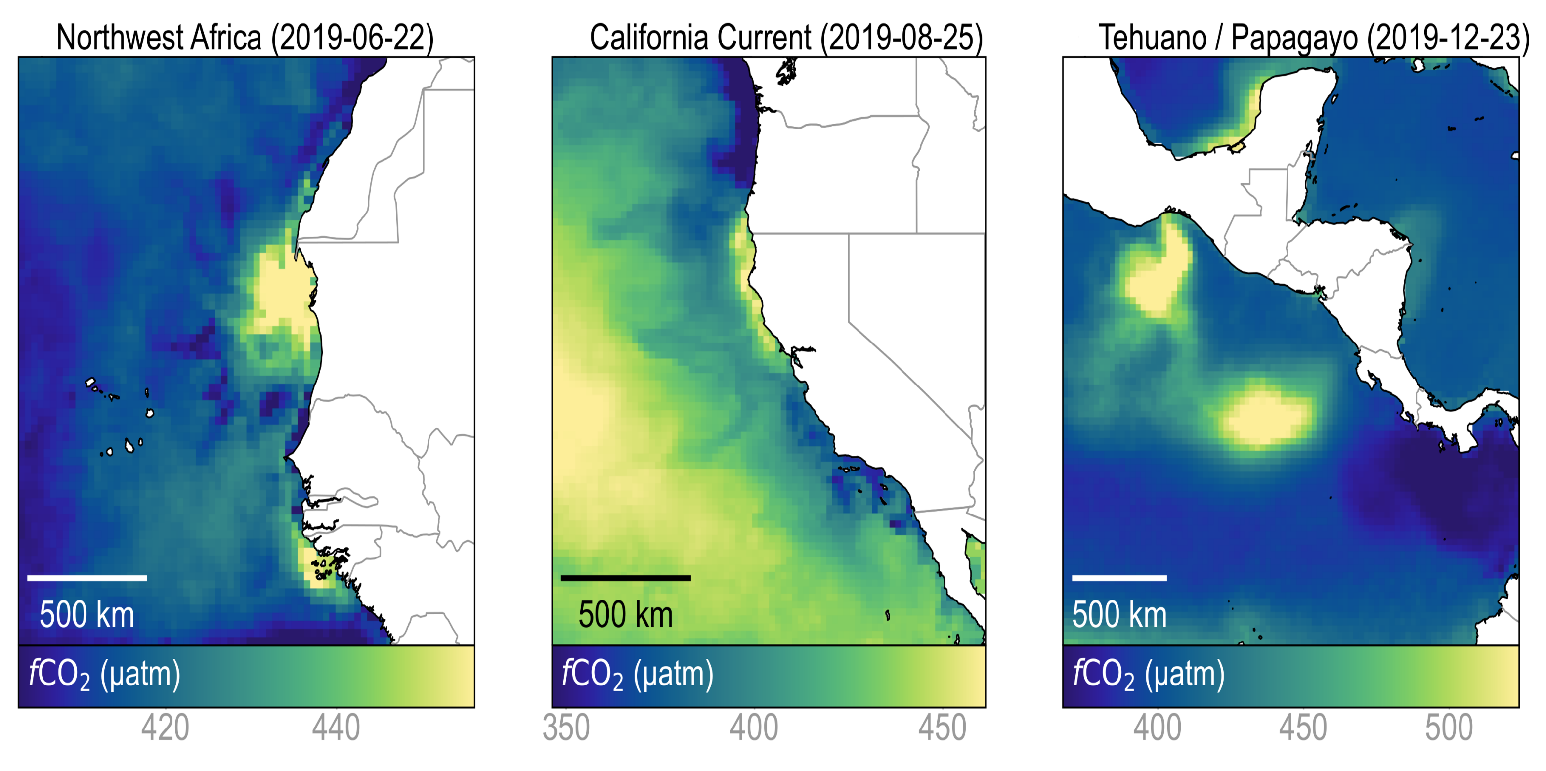 Snapshot of carbon dioxide levels at the surface ocean, expressed as CO2 fugacity, across various regions 