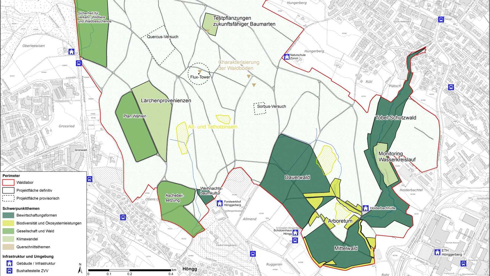 Übersichtskarte der Projekte im Waldlabor