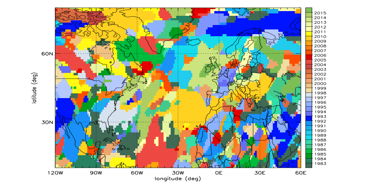Vergrösserte Ansicht: Der nasseste Winter seit 1979 (die Farbe gibt das Jahr an), identifiziert von ERA-Interim Reanalysen. ©Heini Wernli